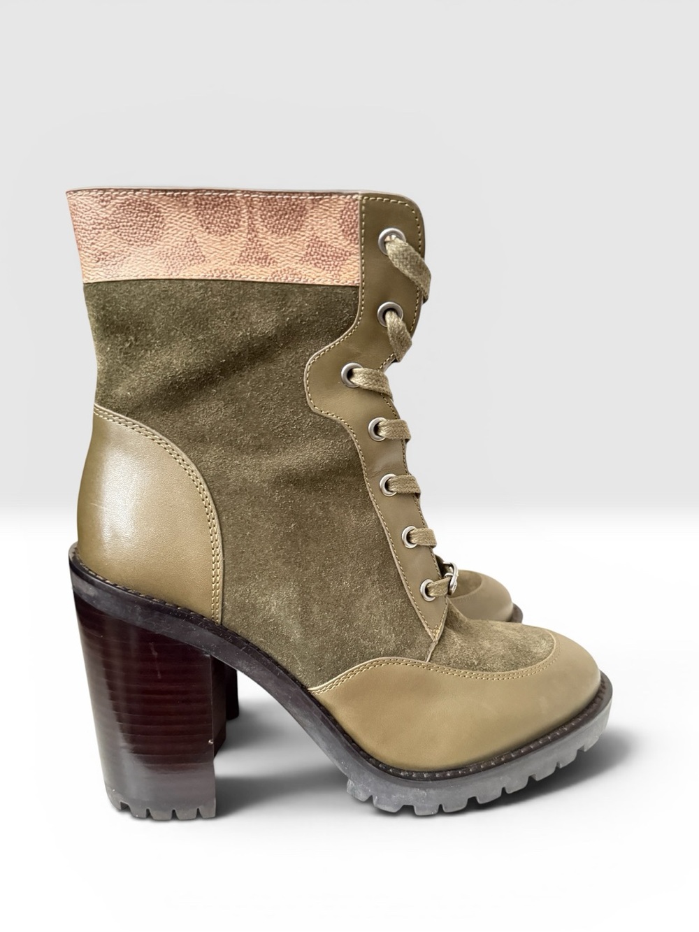 NIB Coach Hedy Olive Green Suede Leather Block Heel Lace-Up Boots - Size 9 - Picture 3 of 9